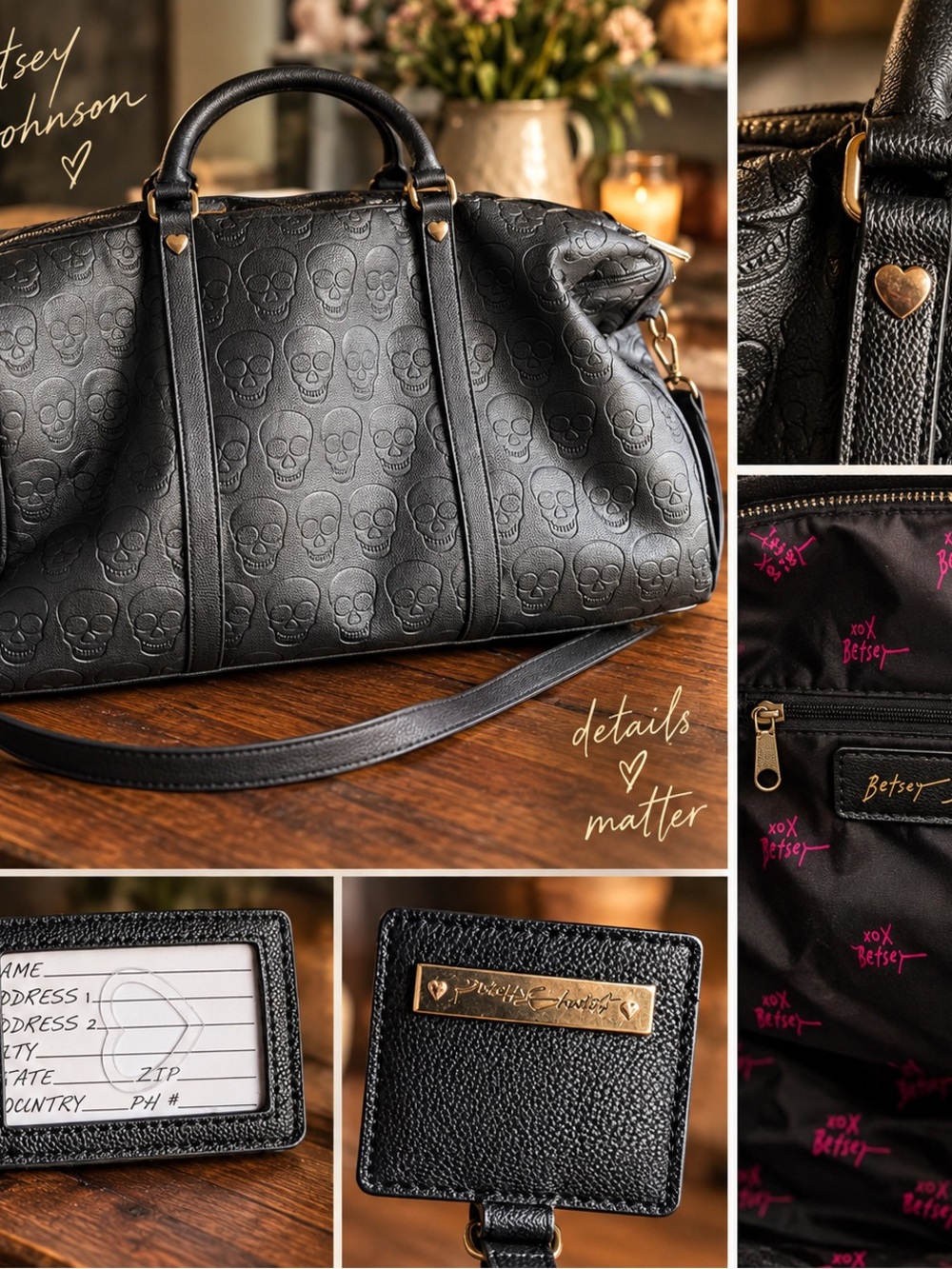 Betsey Johnson black skull embossed weekender bag